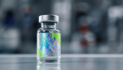 Vaccine vial with colorful label on blurred background.