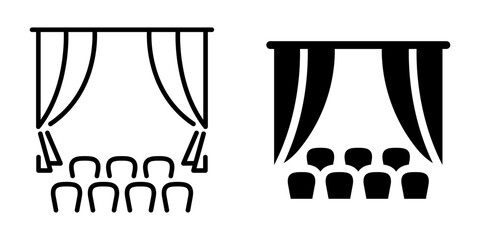 Theater stage silhouette with audience and curtains in minimalist icons