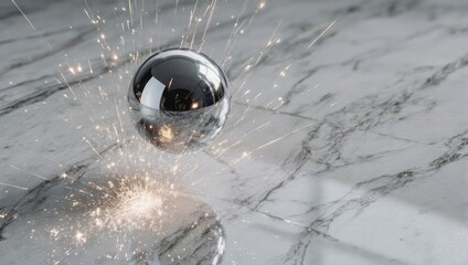 Chrome Sphere Levitating Above Marble Surface with Water Splashes and Sparkles.