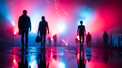 Silhouettes of people in a futuristic neon lit environment with reflective floor
