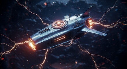 Dynamic Sci-Fi Spaceship with Glowing Engines and Arcing Plasma Navigating Dark Cosmic Expanse.