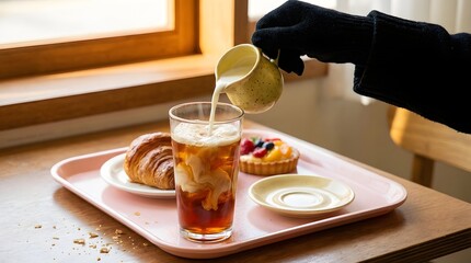 A hand wearing black gloves pouring milk from a small jug into a glass of iced tea on a pink tray with pastries