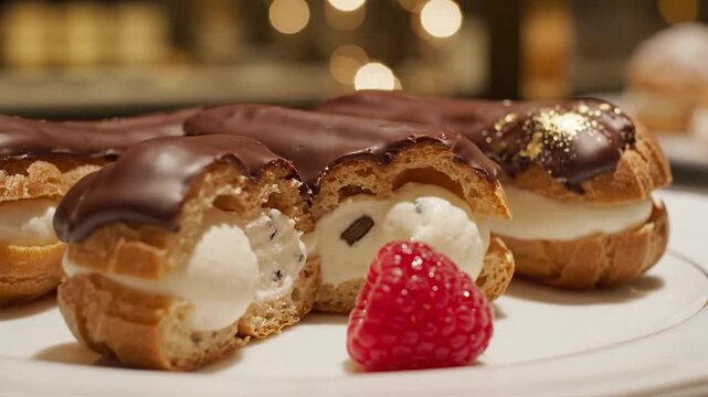 Close up of pastries on a white plate with chocolate frosting