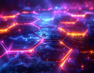 Abstract futuristic hexagonal grid lit with vibrant neon in a dark, textured environment