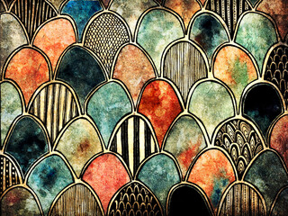 Abstract watercolor fish scales pattern on vintage grunge old paper texture and decorative black doodle lines art background