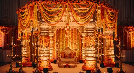 Fototapeta premium Elaborate Indian wedding mandap stage decorated with marigold ga