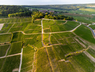 Aerial panoramic view on champagne vineyards and village Hautvillers near Epernay, Champange, France