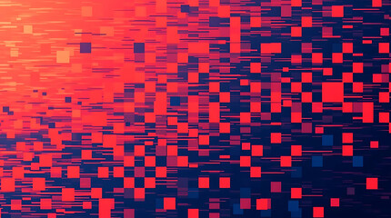 Abstract digital glitch effect with red and blue squares