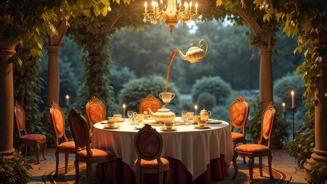 Whimsical Alice in Wonderland tea party scene. Elegant vintage tea party setup with ornate golden teapot, fine china, antique chairs with red upholstery, candlelight, lush garden background, romantic 