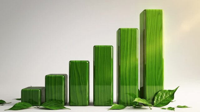 Green glossy bar chart of stacked columns and blocks made from sustainable material with rising growth and scattered fresh leaf textures, dewy macro veins and soft lighting conveying eco environment