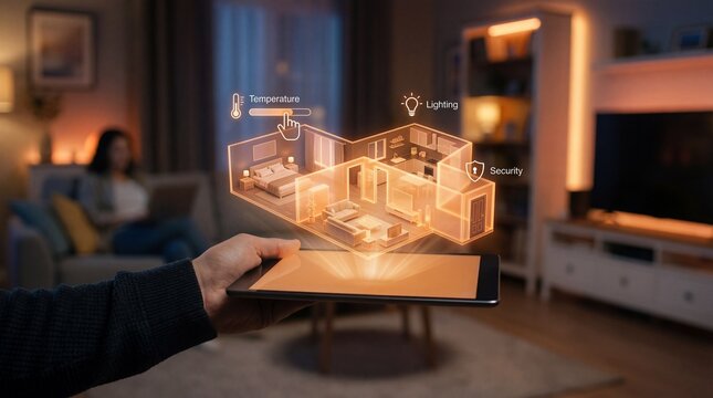 Smart home control on tablet in cozy living room with woman relaxing - Powered by Adobe
