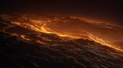 Abstract fiery landscape with glowing orange waves and dark shadows, a dramatic scene.