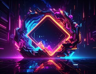 Futuristic geometric design glowing with neon lights in space