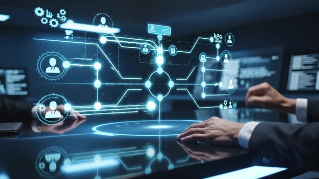 Futuristic user network interface dark control room with holographic touchscreen displaying interconnected user icons, nodes and data flow for secure room control and collaborative digital