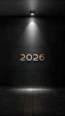 Minimal New Year 2026 wallpaper, matte black background, subtle metallic 2026 typography, soft spotlight glow, modern premium aesthetic, clean composition, phone wallpaper vertical