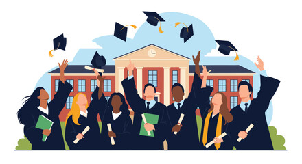 Obraz premium Happy and diverse group of graduates celebrating in front of a university building by throwing their graduation caps in the air.