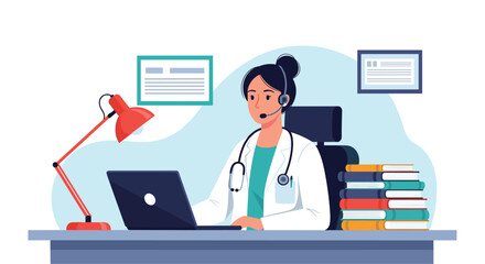 Female doctor with a headset providing online medical consultation from her desk with a laptop, books, and a lamp in the office.