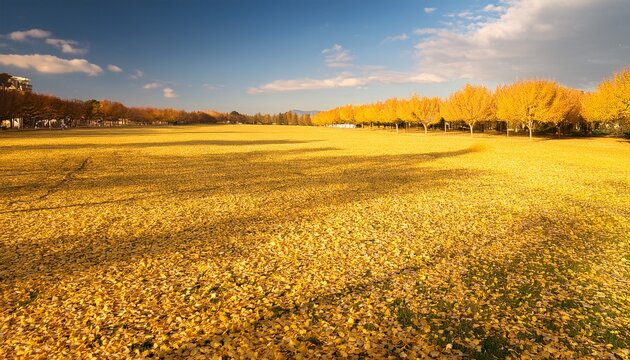 field blanketed by golden ginkgo leaves