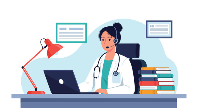 Female doctor with a headset providing online medical consultation from her desk with a laptop, books, and a lamp in the office.