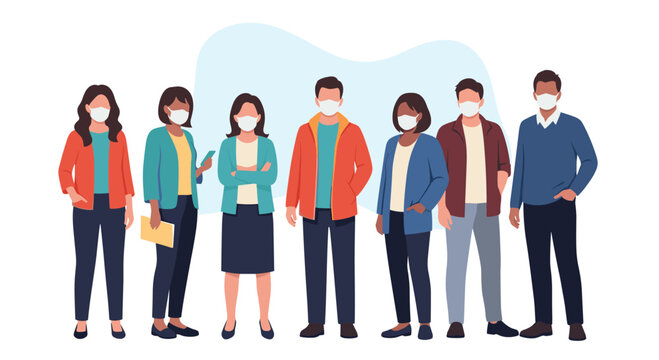 A group of diverse people, including men and women of different ethnicities, standing together while wearing protective medical face masks. - Powered by Adobe