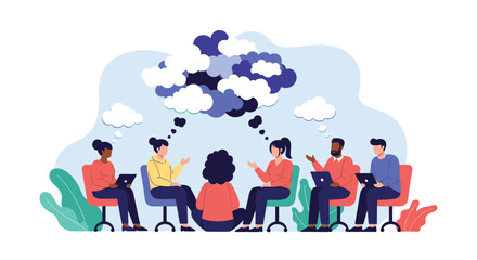 Diverse group of people in a circle participating in a group therapy session or a collaborative brainstorming meeting with shared thought clouds.