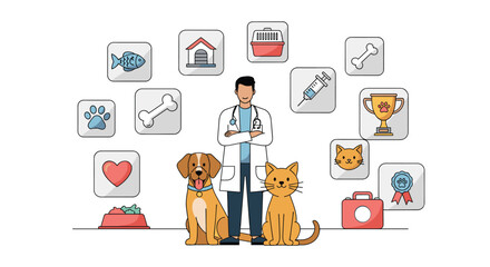 Male veterinarian standing with a dog and cat, surrounded by various pet care icons like food, toys, and medical supplies.