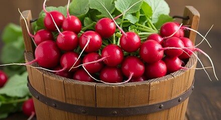 Fresh Radishes in Wooden Bucket, Rustic Harvest Still Life.