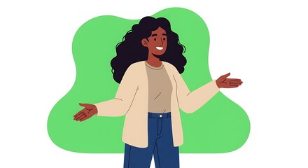 Friendly African American Woman with Curly Hair and Open Arms in a Welcoming Shrug Gesture.