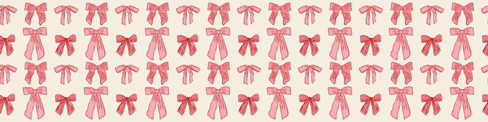 Valentine seamless bow pattern with hand-drawn pink ribbons on beige background, romantic repeating texture for wrapping paper, fabric, packaging, and stationery