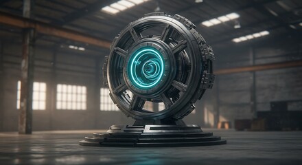 Futuristic Metallic Orb with Glowing Blue Core in Industrial Warehouse Setting.