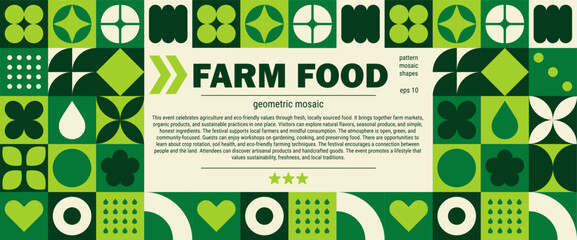 Eco green mosaic banner geometric farm and agriculture pattern for organic background. © Alyona_Uvarova