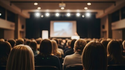 Empty theater with stage and blurred audience anticipating a performance or event