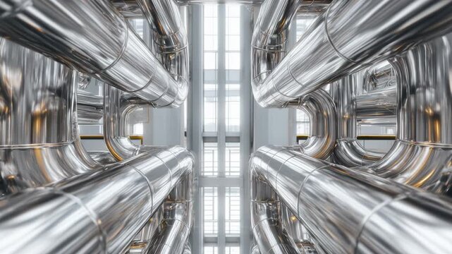 Modern Industrial Pipeline Tunnel Showcasing Shiny Metallic Pipes in Complex Structure, Reflecting Light and Enhancing Aesthetic Appeal