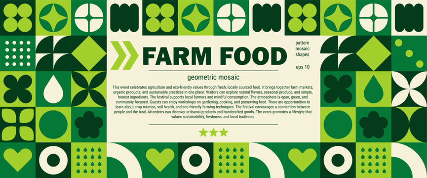 Eco green mosaic banner geometric farm and agriculture pattern for organic background.