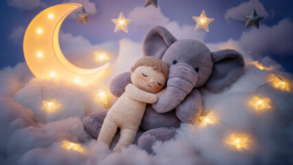 A soft nursery scene with soft toys resting on cotton clouds. A glowing crescent moon and hanging stars create a warm, magical nighttime atmosphere.