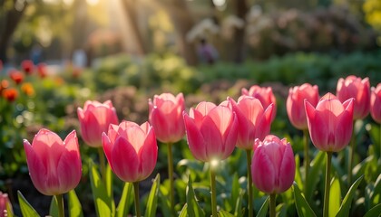 Fresh pink tulips growing in a garden, morning sunlight, dew drops on petals, vibrant spring colors, natural composition, commercial stock photo quality