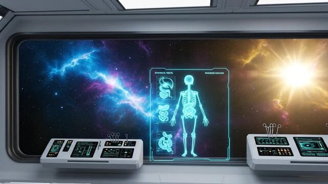 Starship Infirmary With A View Of A Nebula And Hovering Holographic Alien Anatomy Chart