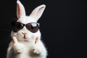 Fototapeta premium Funny easter bunny rabbit with sunglasses giving a thumbs up in a black background ready for festive celebrations and fun moments
