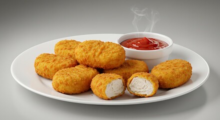 Golden Crispy Chicken Nuggets with Tangy Ketchup Dip on White Plate.