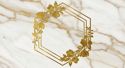 Golden Floral Hexagon Frame on Marble Texture - Elegant Design Element.