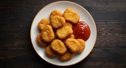 Golden Crispy Chicken Nuggets with Vibrant Ketchup Dip on Dark Rustic Wood.