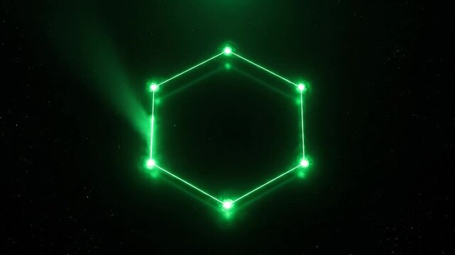 Green geometric shapes and lines forming constellations on black background.