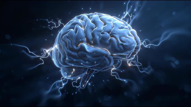 Abstract glowing brain with electric energy pulses and particles on dark background