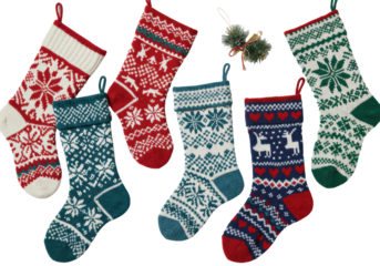Seven knitted christmas stockings, fair isle/nordic, red/white/blue/teal/green, red pom-pom, transparent, copy space, christmas celebration atmosphere.