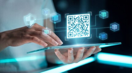 Person interacting with futuristic QR code on tablet with glowing blue graphics
