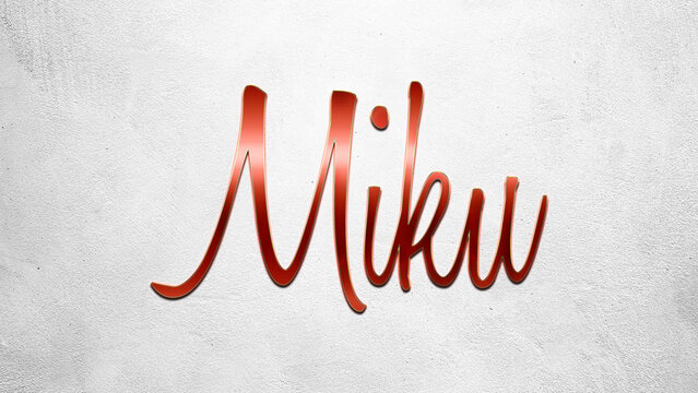Red 3D text effect of Japanese name Miku on silver background.