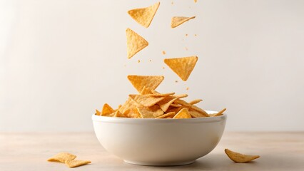 Crispy Tortilla Chips Falling Into A White Bowl On A Light Beige Background With Soft Lighting
