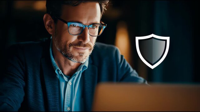 Man in glasses looking at laptop with shield icon, representing cybersecurity and data protection