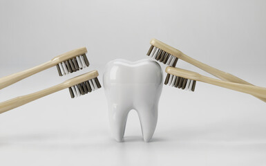 Four Wooden Bamboo Toothbrushes Cleaning White Tooth Model for Dental Hygiene