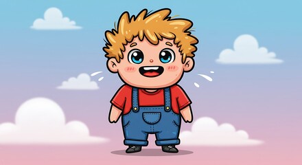 Joyful Cartoon Boy in Overalls, Wide Smile, Blue Eyes, Against Pastel Sky and Clouds.